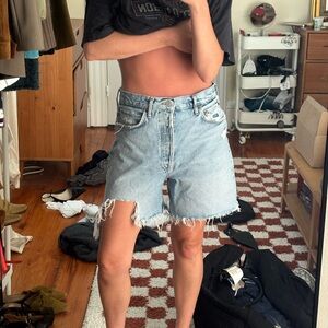 Agolde Light Blue Frayed Jean Shorts